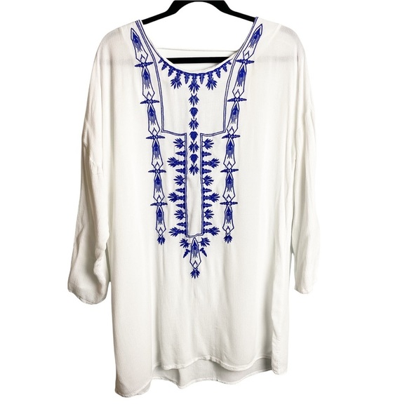 Lucky & Coco -‎ White with Blue Embroidery Longline Tunic Swim Coverup - Sz. L - Picture 1 of 5